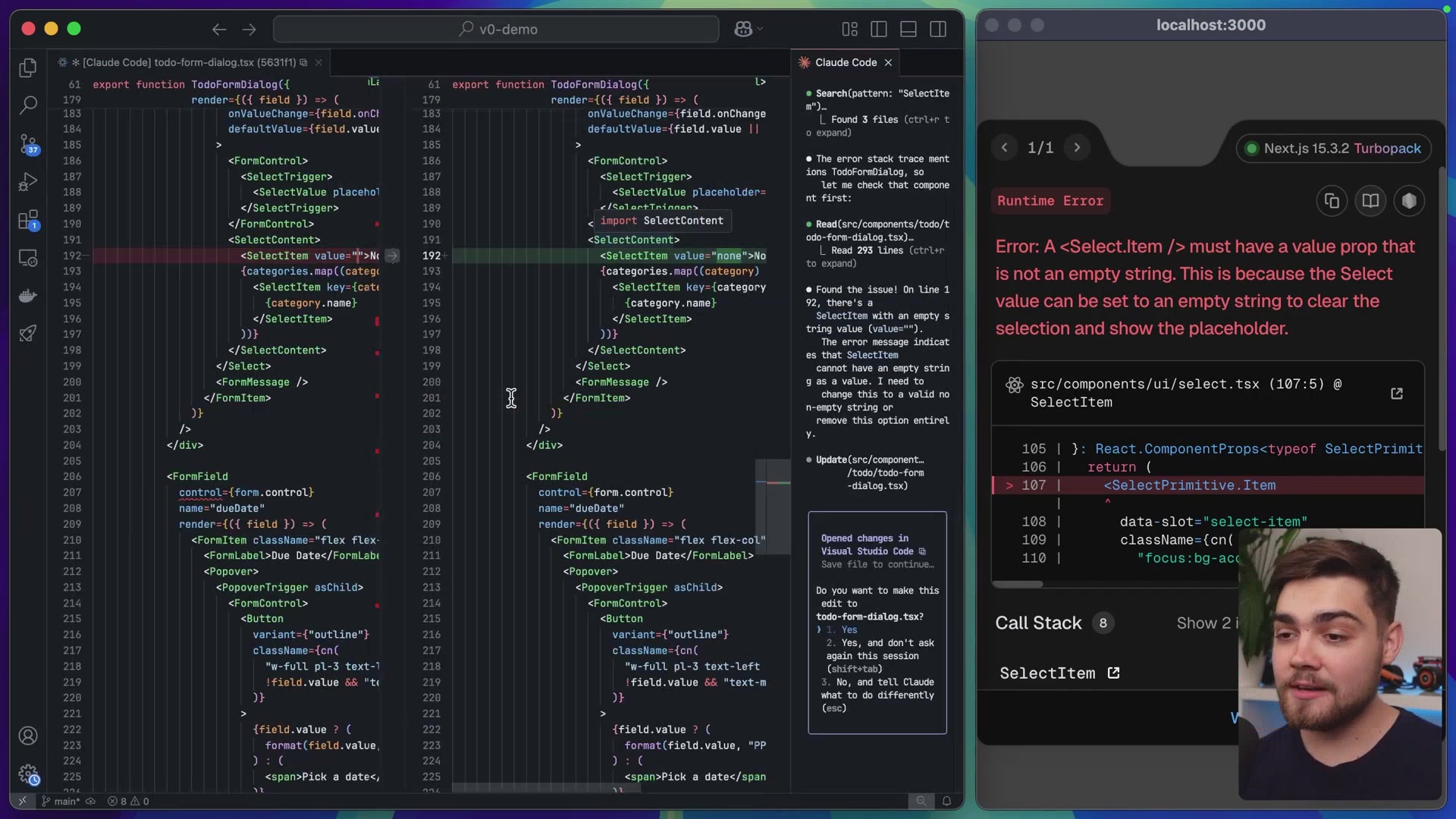 Claude Code 在 VS Code 中修复 bug 并展示 diff 视图