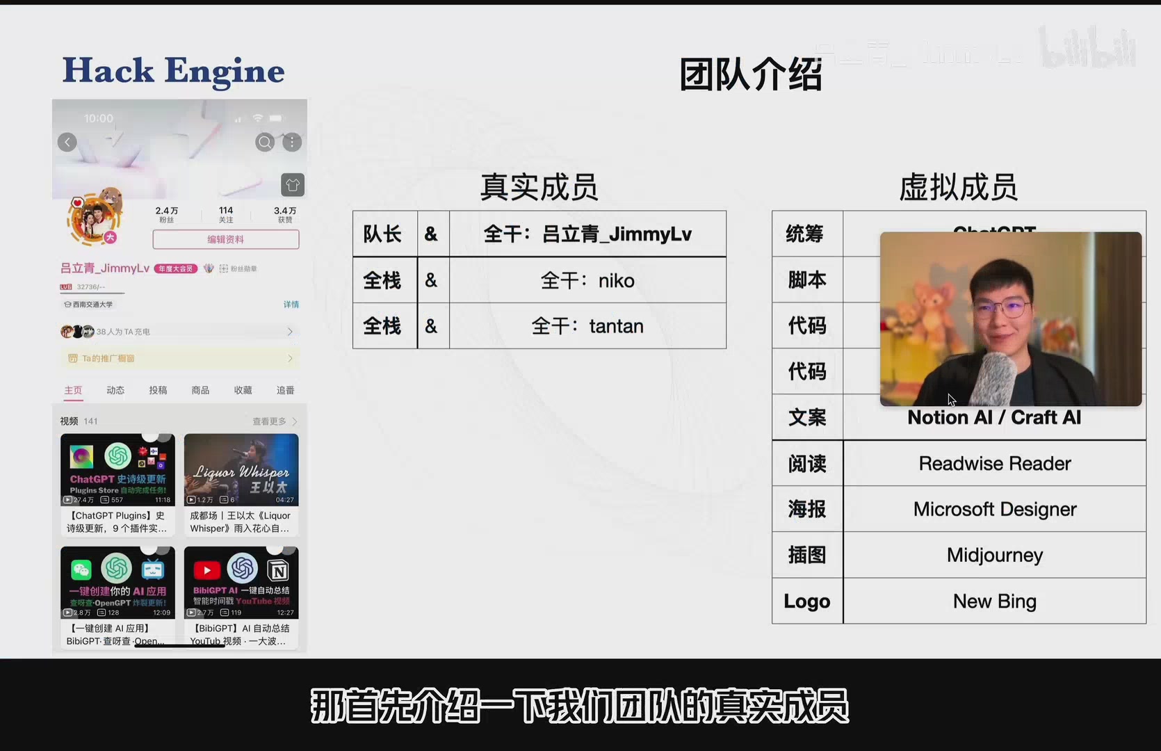 团队成员介绍，包含真实与虚拟成员